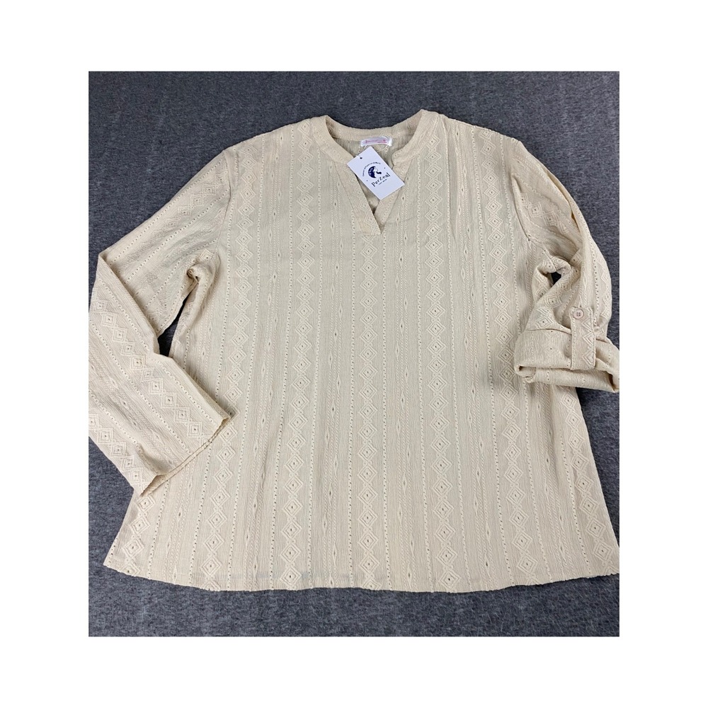 PerZeal Cream Textured Diamond Eyelet Roll Tab Sleeve V-Neck Blouse XL NEW